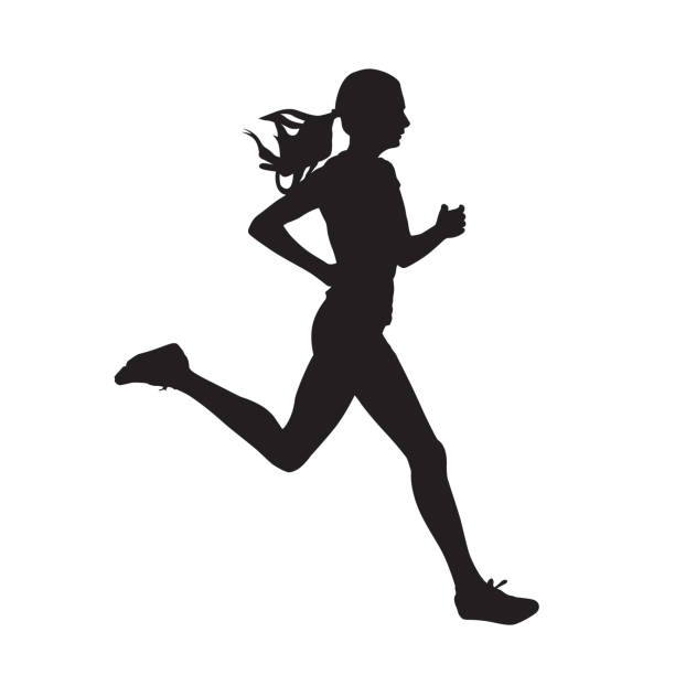 illustrations, cliparts, dessins animés et icônes de jeune femme en cours d’exécution, silhouette vecteur isolés. exécution, vue latérale - jogging running athlete sport