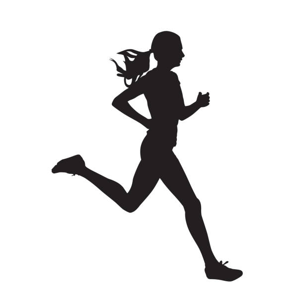 실행 중인 젊은 여자, 격리 된 벡터 실루엣. 실행된, 측면 보기 - silhouette jogging running backgrounds stock illustrations