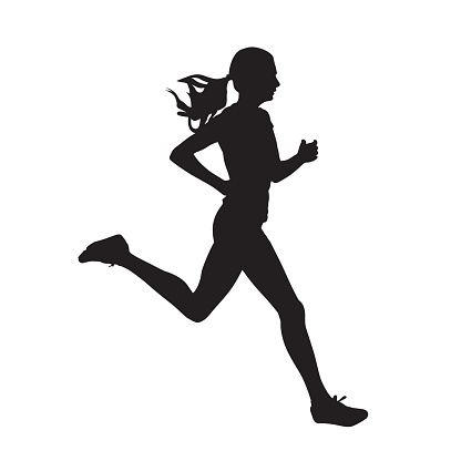 Young running woman, isolated vector silhouette. Run, side view