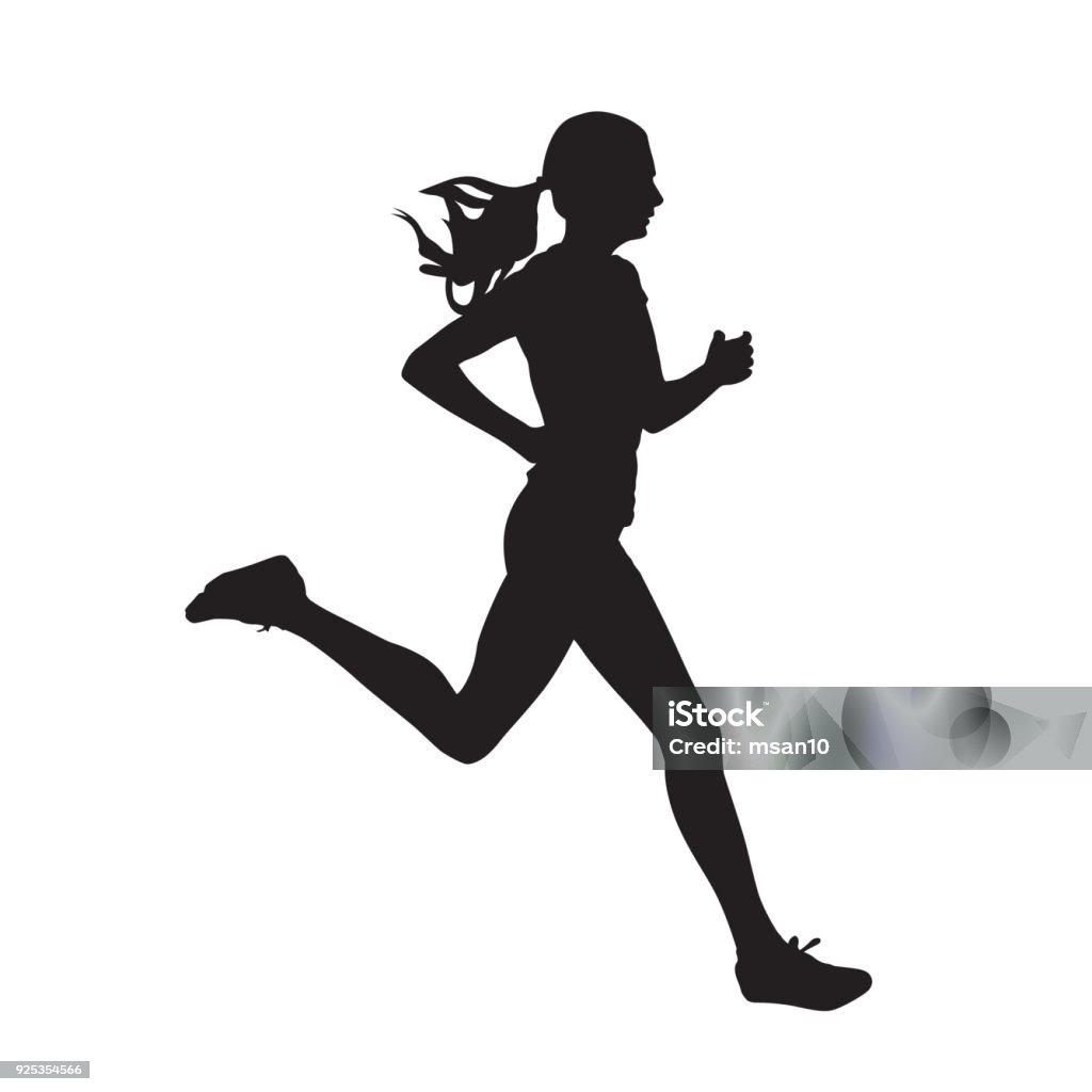 Young running woman, isolated vector silhouette. Run, side view Running stock vector