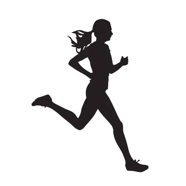 Vector illustration of Young running woman, isolated vector silhouette. Run, side view