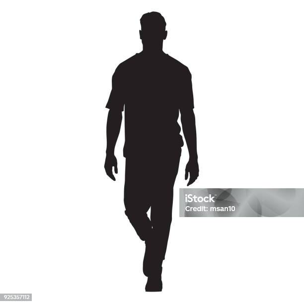 잘생긴 남자 T셔츠 앞으로 걷는 고립 벡터 실루엣 전면 보기 실루엣에 대한 스톡 벡터 아트 및 기타 이미지 - 실루엣, 남자, 걷기
