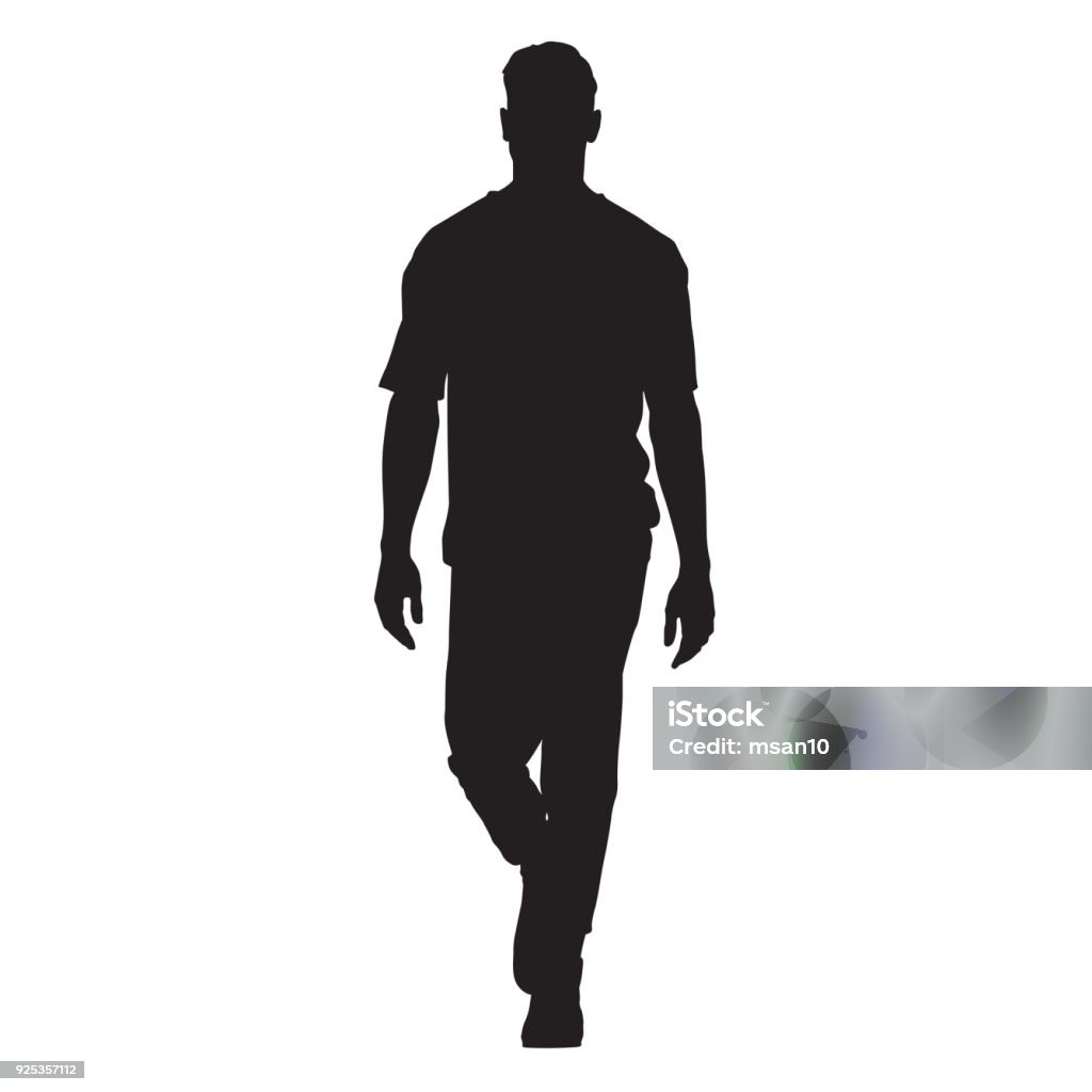 Handsome man in t-shirt walking forward, isolated vector silhouette, front view In Silhouette stock vector