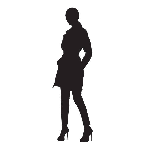 ilustrações, clipart, desenhos animados e ícones de mulher de pé no casaco, silhueta vector isolado - shoe high heels tall women