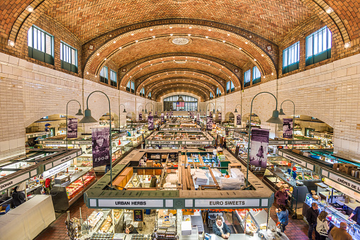 The West Side Market interior in Cleveland, Ohio. It is considered the oldest operating market space in Cleveland.