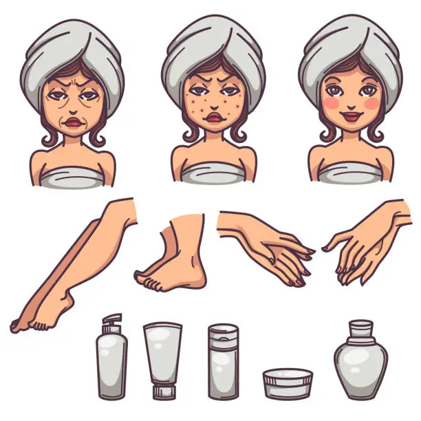 Vector illustration of beauty, skin care and body treatment, skin problems and beauty products, line art objects collection