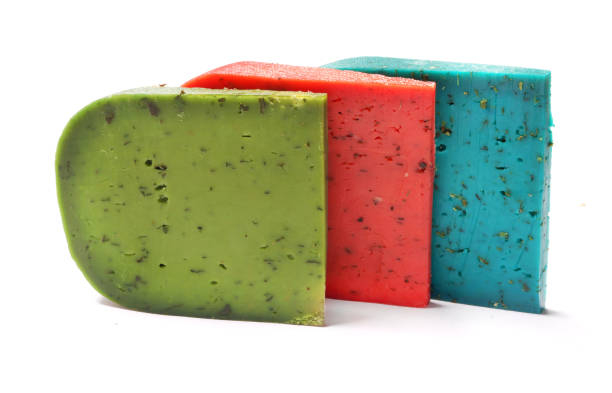 Dutch green, red and blue cheese. Cheese on a white background. stock photo