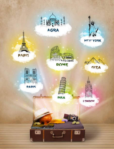 istock Tourist suitcase with famous landmarks around the world 925385266