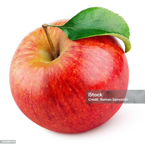 Roter Apfelfrucht Mit Grünem Blatt Isoliert Auf Weiss Stockfoto und mehr Bilder von Apfel
