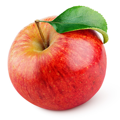 Frutas manzana roja con hojas verdes aisladas en blanco photo