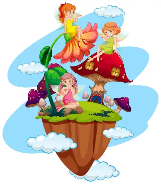 Vector illustration of Three fairies and mushroom house