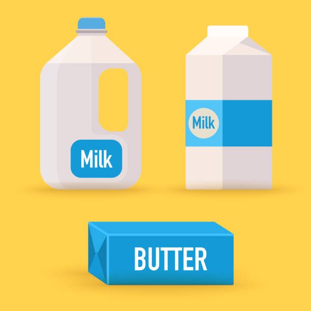 ilustraciones, imágenes clip art, dibujos animados e iconos de stock de productos lácteos, leche, mantequilla. concepto de ilustración vectorial moderna diseño plano. - butter