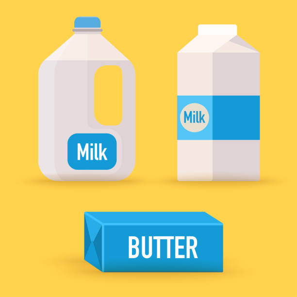 ilustrações de stock, clip art, desenhos animados e ícones de dairy, milk, butter. flat design modern vector illustration concept. - jarro de leite