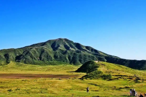 Mount Aso (Aso-san), the largest active volcano in Japan stands in Aso Kuju National Park