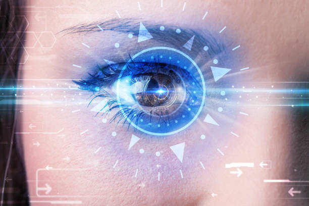 istock Cyber girl with technolgy eye looking into blue iris 925396890