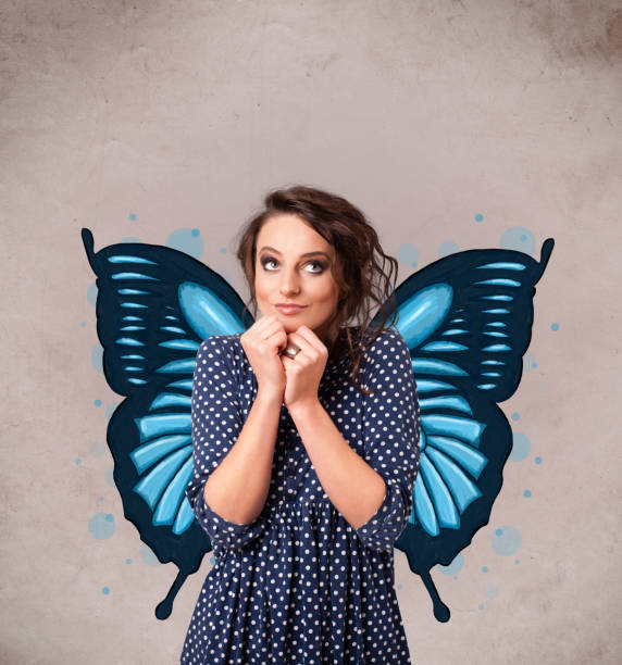 istock Young girl with butterfly blue illustration on the back 925403052