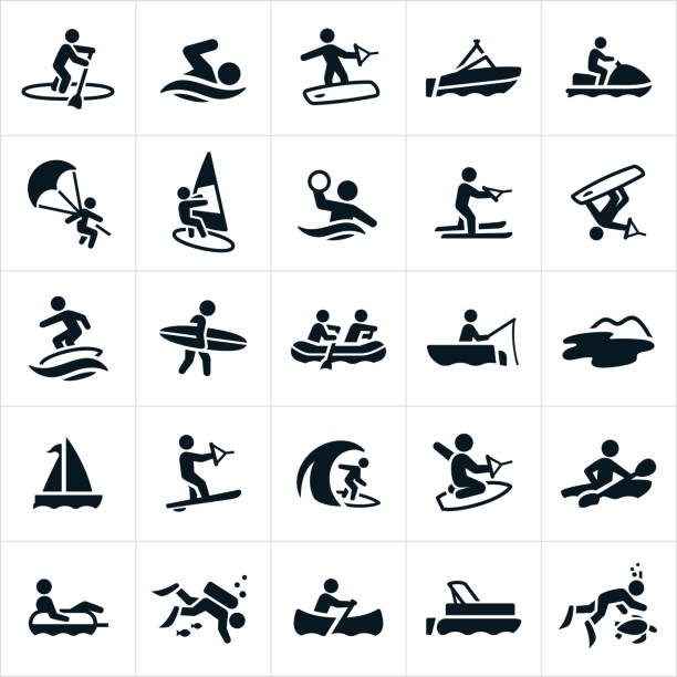 ilustraciones, imágenes clip art, dibujos animados e iconos de stock de iconos de recreación agua - actividades recreativas