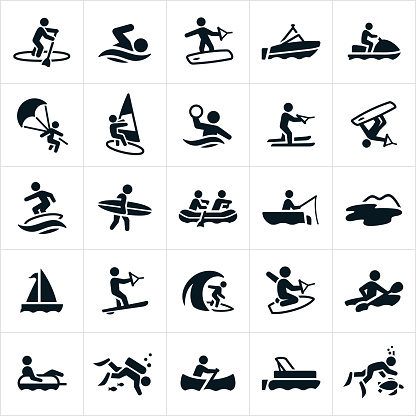 Icons related to water sports and recreation. The icons include paddleboarding, swimming, wakeboarding, boating, watercraft, parasailing, windsurfing, water polo, water skiing, wakesurfing, surfing, whit water rafting, fishing, sailing, slalom water skiing, kneeboarding, kayaking, scuba diving, canoeing and snorkeling to name a few.