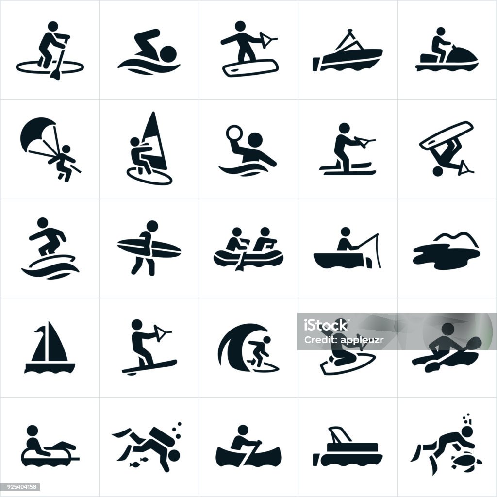 Water Recreation Icons Icons related to water sports and recreation. The icons include paddleboarding, swimming, wakeboarding, boating, watercraft, parasailing, windsurfing, water polo, water skiing, wakesurfing, surfing, whit water rafting, fishing, sailing, slalom water skiing, kneeboarding, kayaking, scuba diving, canoeing and snorkeling to name a few. Icon Symbol stock vector