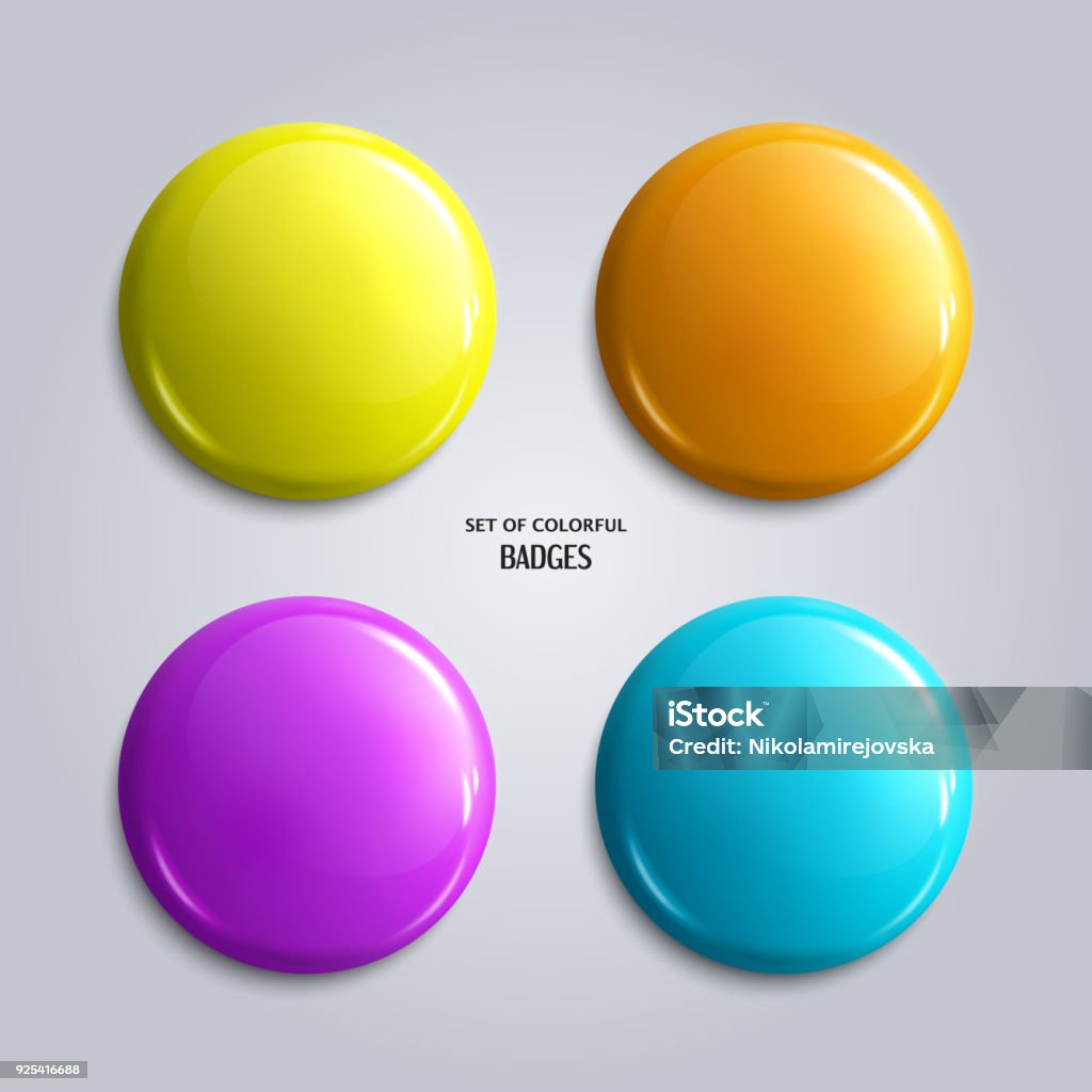 Conjunto de distintivos brilhante em branco, coloridos ou botões web. Quatro cores, amarelo, laranja, azul e roxo. Vector. - Vetor de Botão - Artigo de costura royalty-free