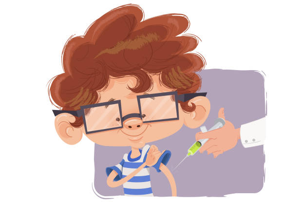 Childhood vaccination Boy in glasses taking vaccine, with one hand holding syringe vacina stock illustrations