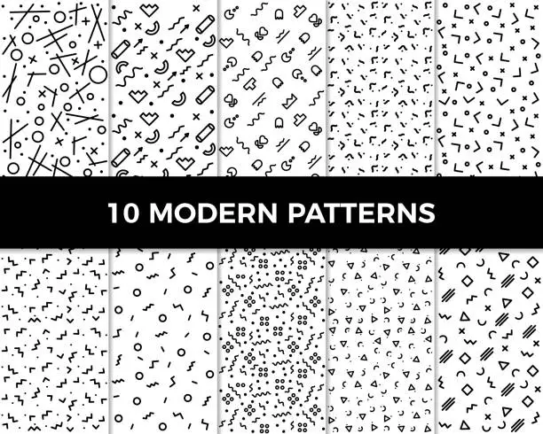 Vector illustration of Collection of vector abstract geometric patterns in modern style. 80's and 90's designs in black and white can be used for backgrounds, banners, textile, flyers, cards, etc