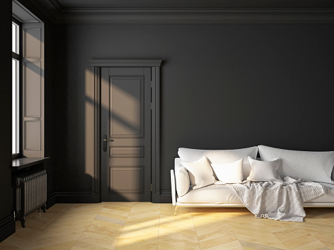 Classic scandinavian interior design black with sofa and pillows. 3D render illustration mock up.