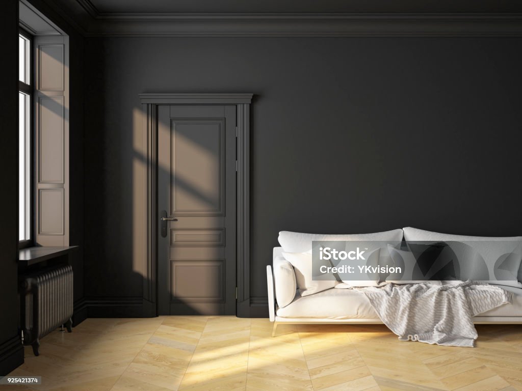 Classic scandinavian interior design black with sofa and pillows. 3D render illustration mock up. Living Room Stock Photo