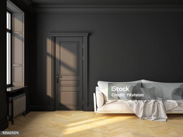 Classic Scandinavian Interior Design Black With Sofa And Pillows 3d Render Illustration Mock Up Stock Photo - Download Image Now