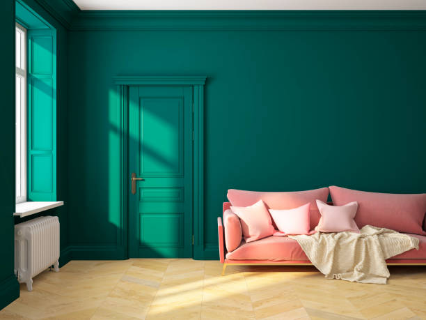 istock Classic scandinavian interior design green with sofa and pillows. 3D render illustration mock up. 925421430