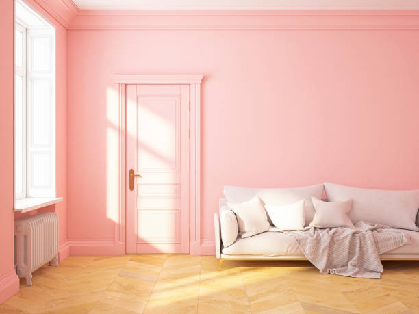 istock Classic scandinavian interior design pink roze quartz with sofa and pillows. 3D render illustration mock up 925421482