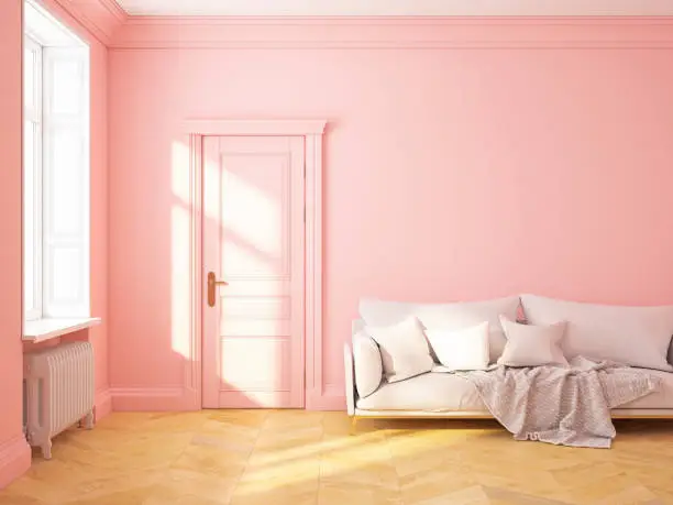 Photo of Classic scandinavian interior design pink roze quartz with sofa and pillows. 3D render illustration mock up