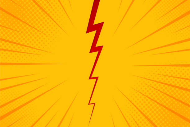 поп-арт комический фон молнии взрыва полутоновых точек. мультфильм вектор иллюстрация на желтый - центр внимания иллюстрации stock illustrations