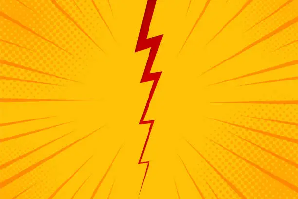 Vector illustration of Pop art comic background lightning blast halftone dots. Cartoon Vector Illustration on yellow