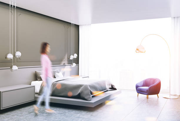 istock Gray bedroom corner, gray bed toned 925428828