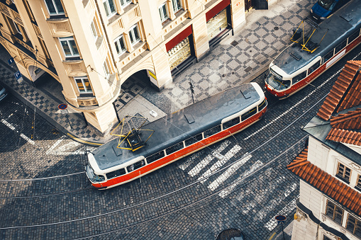 Tram in Prague, Czech Republic. View from above.