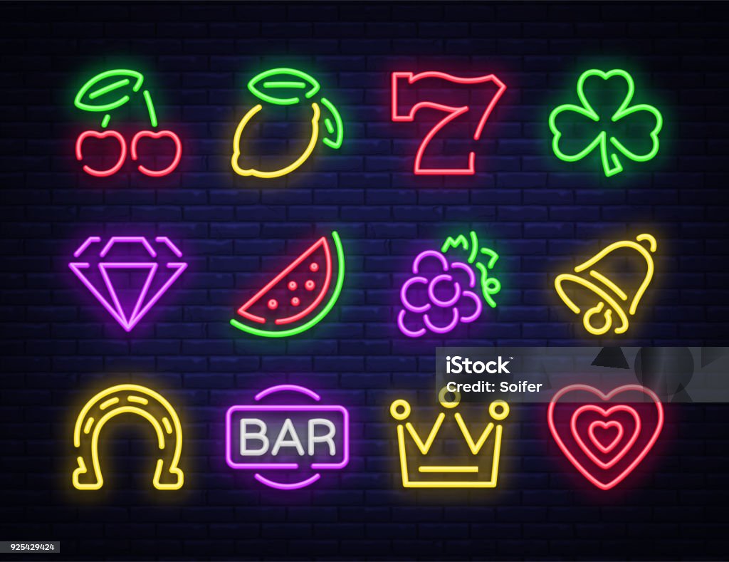 Slot machine is a neon sign. Collection of neon signs for a gaming machine. Game icons for casino. Vector Illustration on Casino, Fortune and Gambling. Jackpot Slot machine is a neon sign. Collection of neon signs for a gaming machine. Game icons for casino. Vector Illustration on Casino, Fortune and Gambling. Jackpot. Neon Lighting stock vector