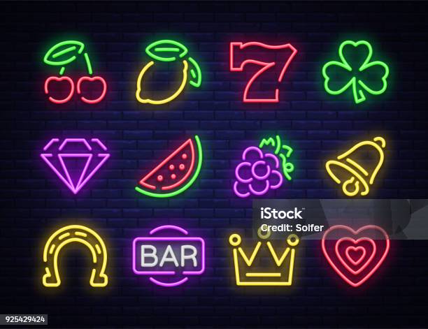 Slot Machine Is A Neon Sign Collection Of Neon Signs For A Gaming Machine Game Icons For Casino Vector Illustration On Casino Fortune And Gambling Jackpot Stock Illustration - Download Image Now