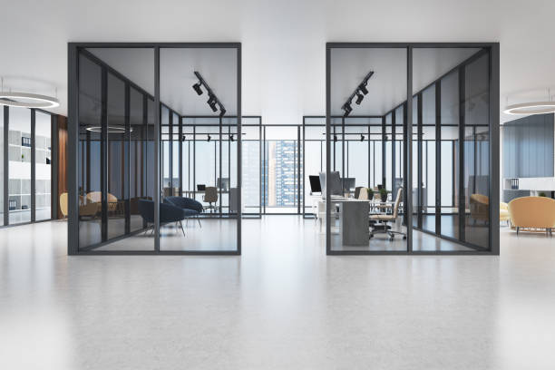 istock Panoramic office interior, dark glass walls 925429608