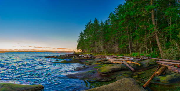 Scenic panoramic view of the ocean and Jack Point and Biggs Park in Nanaimo, British Columbia. stock photo