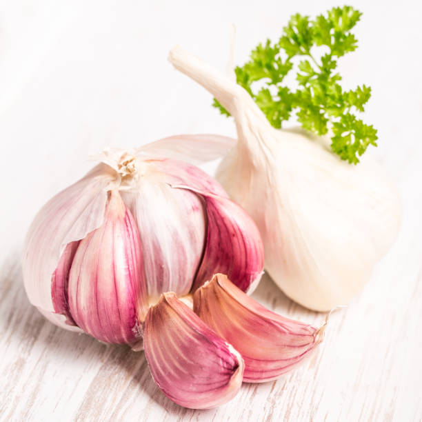 istock healing plants: Garlic (Allium sativum) with parsley on a bright wood 925444458