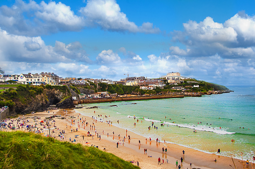 A very busy beach in Newquay, Cornwall. The height of summer peak season in Cornwall.