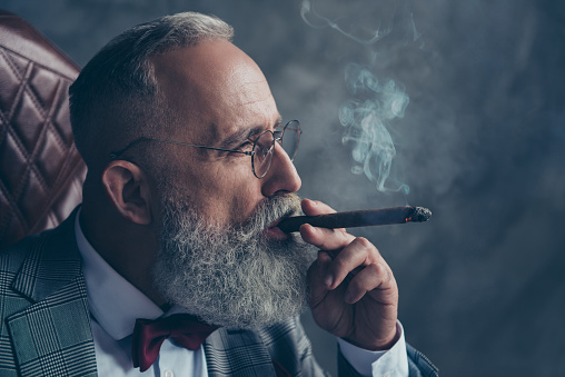 Side view close up of brutal harsh professional investor, shareholder smoking cigar over gray background