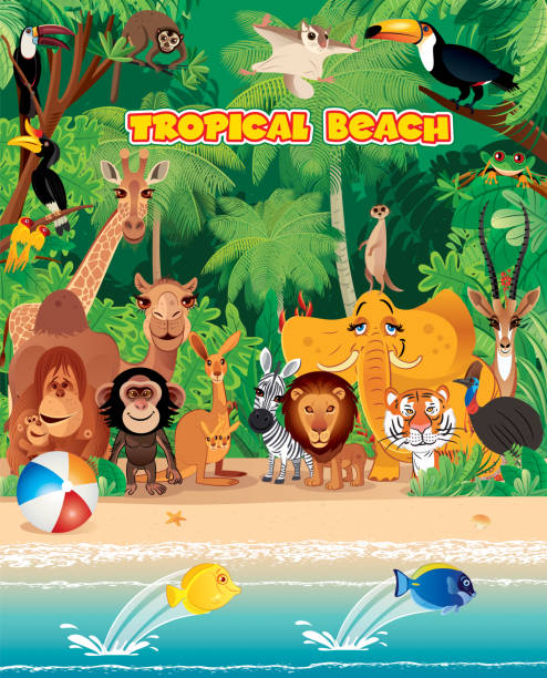 ilustraciones, imágenes clip art, dibujos animados e iconos de stock de playa tropical y los animales - monkey baboon elephant ape
