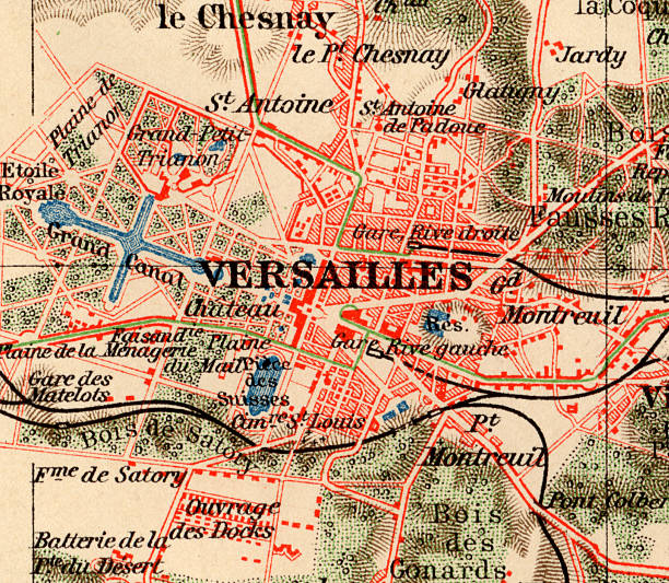 vintage versailles mappa 1880, ricercatezze. - reggia di versailles foto e immagini stock