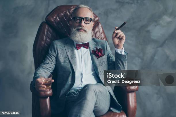 Cool Man En Vasos Sostener El Cigarrillo Vidrio Con Brandy En Ropa Formal Tux Con Pajarita Roja Y Plaza De Bolsillo Sentarse En La Silla De Cuero Sobre Fondo Gris Mirando A La Cámara Acciones Valores Dinero Foto de stock y más banco de imágenes de Hombres