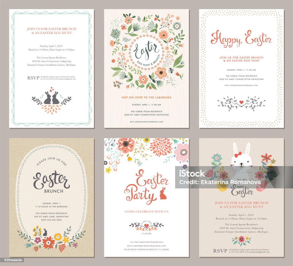 Easter Party Cards Set_02 Vector Easter Party Invitations and Greeting Cards with eggs, flowers, floral wreath, rabbit and typographic design on the textured background. Easter stock vector