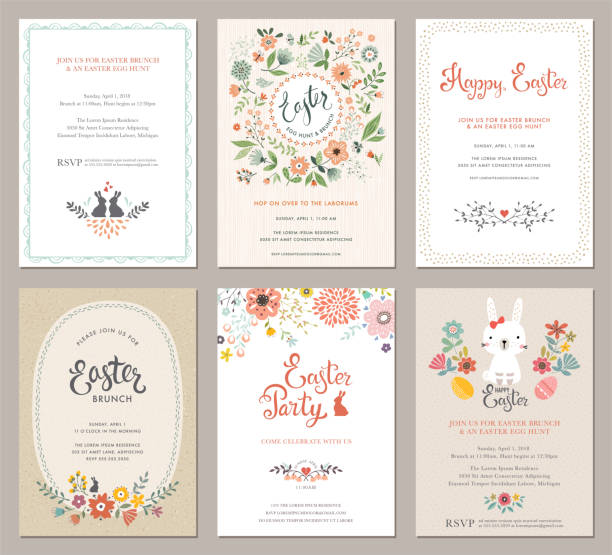Easter Party Cards Set_02 Vector Easter Party Invitations and Greeting Cards with eggs, flowers, floral wreath, rabbit and typographic design on the textured background. floral menu card stock illustrations