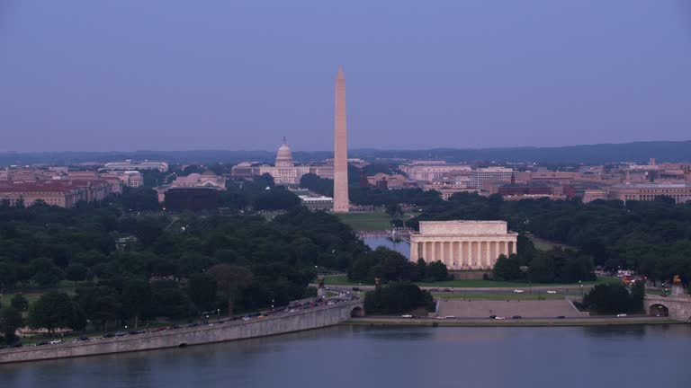 Aerial view of the Lincoln Memorial, Washington Monument and Capitol Building.