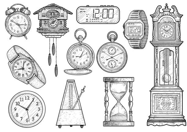 Clock collection illustration, drawing, engraving, ink, line art, vector Illustration, what made by ink, then it was digitalized. clock illustrations stock illustrations